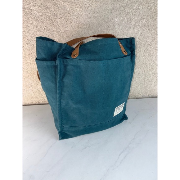 Feed Handbags - FEED Teal Canvas Tote Bag - Large - Faux Leather Straps Pockets Boho Eco Bag